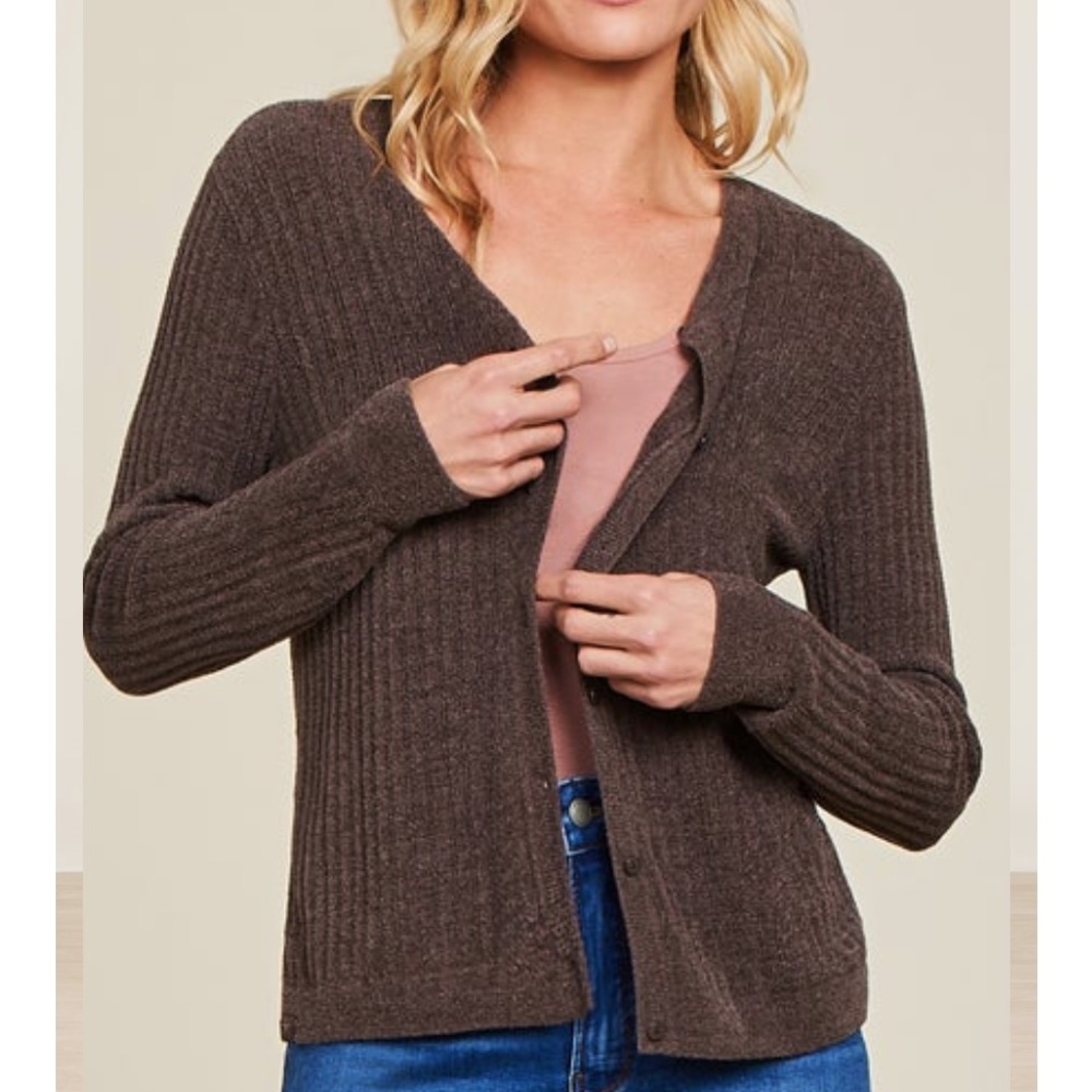 NWT Barefoot Dreams Cozychic Ultra Lite Ribbed Button Cardigan in Java